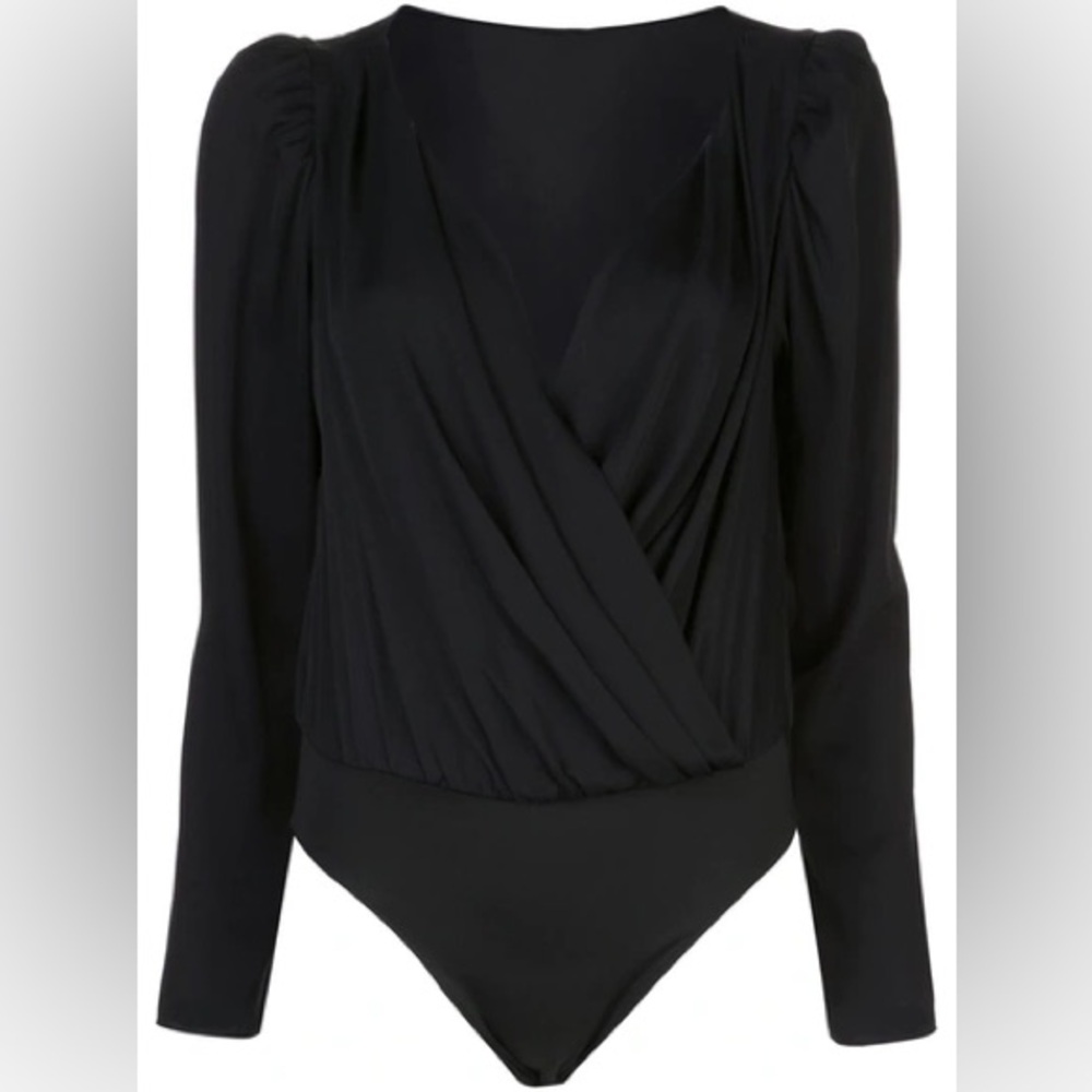 MILLY STRETCH SILK MICHELE PUFF-SLEEVE BODYSUIT BLACK L